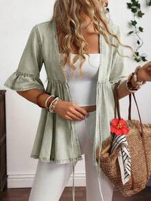 EMERY ROSE Plus Size Casual Drawstring Waist Denim Jacket - Green - View 6
