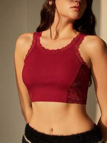 Camiseta de encaje con parches de moda, sexy y transparente - Burdeos - Ver 4