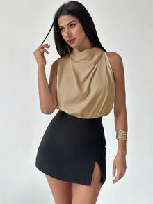 Firerie 女士优雅时尚新款通勤办公日常度假音乐节不对称褶皱杏色衬衫，春夏款 - 卡其色 - 查看 5