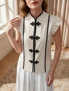 Upgrade Version Spring/Summer Women's Elegant Contrast Trim Cap Sleeve Chinese Style Button-Up Fitted Blouse - Apricot - View 5