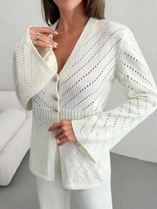 EURMUSE Casual V Neck Hollow Out Button Down Front Slit Cardigan & Wide Leg Solid Color High Waist Plain Pattern 2 Pieces Knit Set For Fall Winter - Apricot - View 6