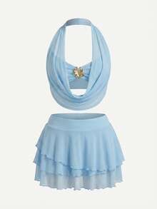 SHEIN PETITE Bộ đồ hai mảnh dành cho nữ gồm áo hai mảnh cổ chữ V xẻ sâu phối họa tiết hoa và chân váy xếp tầng, thích hợp cho kỳ nghỉ, du lịch biển, du lịch nghỉ dưỡng, tiệc cocktail, phù hợp cho mọi mùa, lễ hội âm nhạc, phong cách boho, màu xanh nhạt, bộ đồ hai mảnh mùa hè, lễ hội Mardy Gras, trang phục ngày Valentine, trang phục đi biển cho nữ, bộ chân váy màu xanh dương, bộ chân váy và áo mùa hè, ý tưởng trang phục gợi cảm cho ngày Valentine, trang phục lễ hội âm nhạc Mardy Gras, trang phục đi nghỉ mát thường ngày. - Màu xanh nhạt - Xem 7