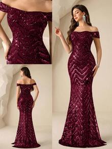 Coutiva Đầm dạ hội nữ thanh lịch đính sequin, trễ vai, xẻ tà đuôi cá, thích hợp cho các bữa tiệc. - Màu Đỏ Sâu - Xem 5