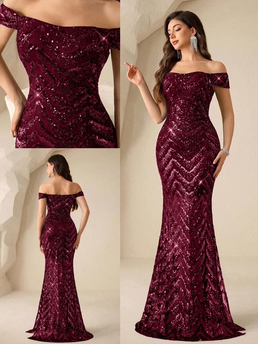 Coutiva Women's Elegant Sequin Off-Shoulder Split Fishtail Hem Evening Gown For Party - Burgundy - View 1