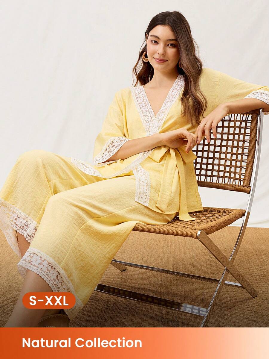 LUVLETTE Conjunto de verano para mujer de lino amarillo con detalles de encaje romántico, compuesto por un kimono relajado y pantalones fluidos, elegante y cómodo para usar en casa - Amarillo - Ver 1