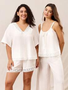 Summer Airy White Linen Reversible Lounge Set Lace-Trimmed Camisole & Wide-Leg Pants Lightweight Breathable Summer Wear - Beige - View 13