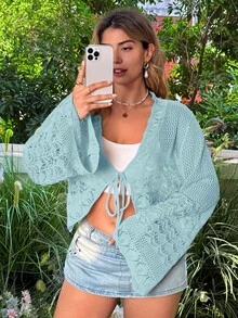 Vionelle Áo khoác cardigan dáng ngắn, màu trơn, kiểu dáng thời trang, thắt nơ, viền vỏ sò, chất liệu lưới móc, tay loe, thích hợp mặc đi biển. - Màu xanh lam - Xem 3
