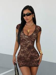 StreetHx Robe moulante mini à col en V en dentelle pour femmes - Café - Voir 5