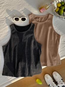 Comfortcana 2pcs/Set Black & White Solid Color Sleeveless Washed Comfortable Ribbed Crew Neck Knit Tank Top, Plus Size, Spring/Summer - Multicolor - View 6