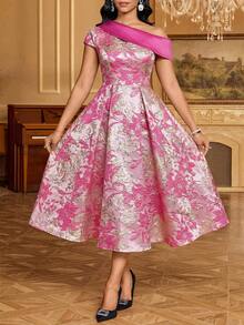 SHEIN Lady Đầm ngắn nữ thanh lịch với họa tiết hoa jacquard, vạt bất đối xứng. - Màu Hồng Tươi - Xem 5