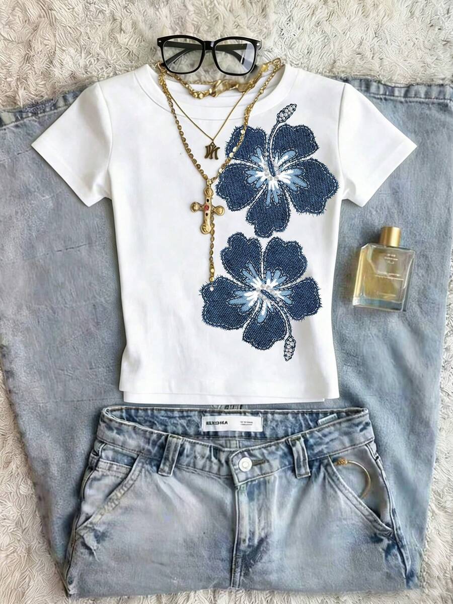Camiseta corta de mujer de estampado floral casual, de verano - Blanco - Ver 1