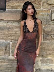 AmyJordy Vestido ajustado de malla de punto con cuello en V y espalda descubierta para mujer - Burdeos - Ver 4
