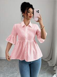 Elenzga Women's Jacquard Pleated Casual Versatile Daily Wear Shirt - Pink - View 5
