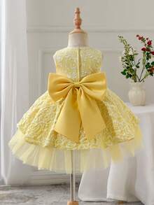 Glamorique Kids 女婴黄色提花面料连衣裙，拖尾裙摆，后背蝴蝶结装饰，适合生日派对、婚礼宾客、节日等场合，女婴公主裙，女婴派对连衣裙，女婴薄纱连衣裙，小女孩连衣裙，黄色婴儿连衣裙 - 黃色 - 查看 3