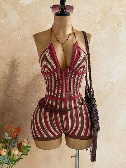 Soleia Women's Halter Strap Striped Tie-Up Fashionable Summer Jumpsuit