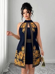 Mono de verano de talla grande para mujer con estampado de batik negro y dorado.Diseño estilizador y retro con cuello halter.Adecuado para: atuendos de viaje con temática del sudeste asiático, fiestas/reuniones, vacaciones y ocio, actuaciones culturales/shows, restaurantes especializados/puestos de costumbres populares - Azul marino - Ver 6