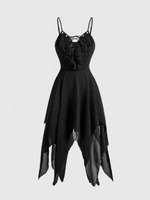 ROMWE Women's Vintage Dark Gothic Chiffon Asymmetrical Hem Slip Dress - Black - View 5