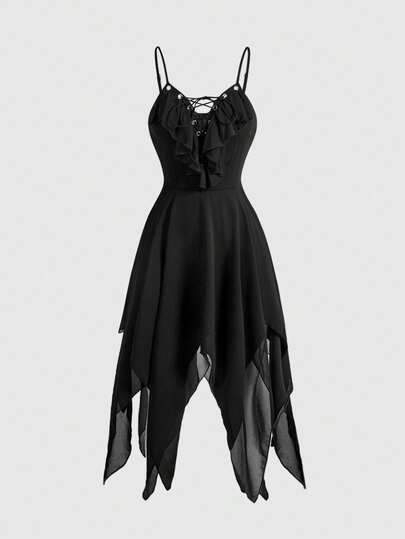 ROMWE Goth Đầm slip nữ cổ điển màu tối, chất liệu chiffon, kiểu dáng bất đối xứng, viền váy.