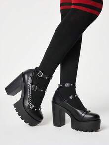 ROMWE Goth Zapatos de tacón alto negro tipo Mary Jane, de piel, con puntera redonda cerrada y lazo con estilo Lolita - Remache negro + cadena - Ver 4
