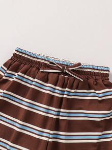 SHEIN 2件套女童条纹针织宽松圆领T恤和短裤套装 - 咖啡棕 - 查看 5
