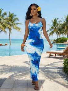 SHEIN Lady Elegant midiklänning med tie-dye-mönster och åtsittande midja för kvinnor, lämplig för semester - Multifärgad - Visa 5
