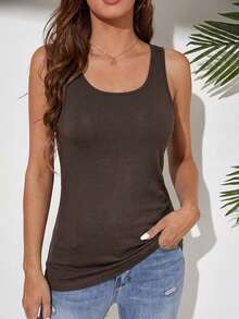 SHEIN Tall 女士休闲纯色背心，夏季百搭 - 咖啡棕 - 查看 4