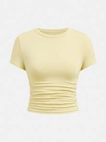 SHEIN Girlism Tween Girls' Casual Fitted Yellow Ruched Crew Neck Top And Ruched Flare Pants Set - Yellow - View 5