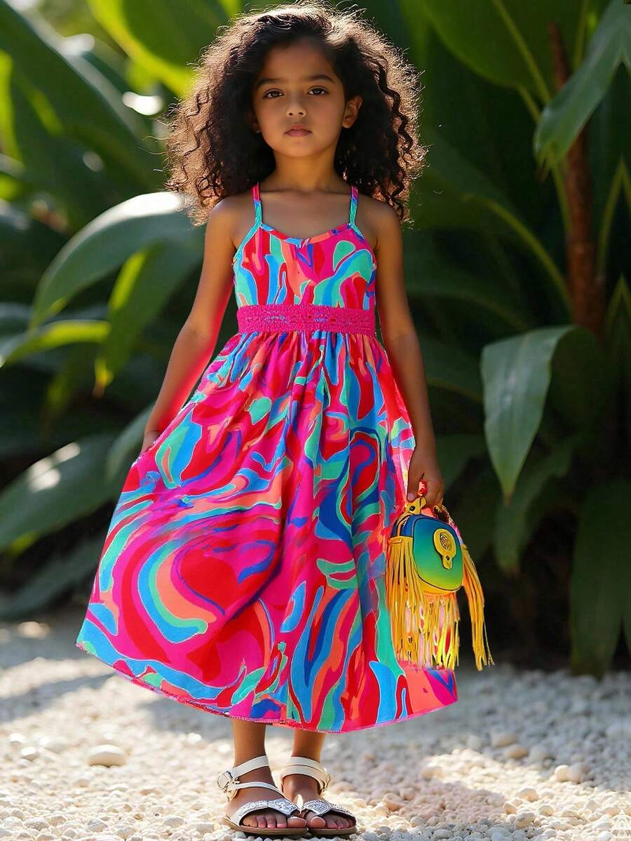 SHEIN Young Girl Full Print Strap Summer Dress, Suitable For Holiday - Blue - View 1
