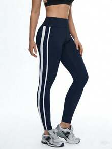 Eassivo 2pecs Women's High‑Waist Compression Leggings With Double White Side Stripes - Tummy‑Control, Four‑Way Stretch, Moisture‑Wicking Yoga & Running Pants In Navy And Black - Navy Blue - View 5