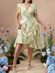 SHEIN CURVE+ Plus Size Ruffled Sleeve Ditsy Floral Waist Fit And Flare Woven Dress - Yellow - View 8