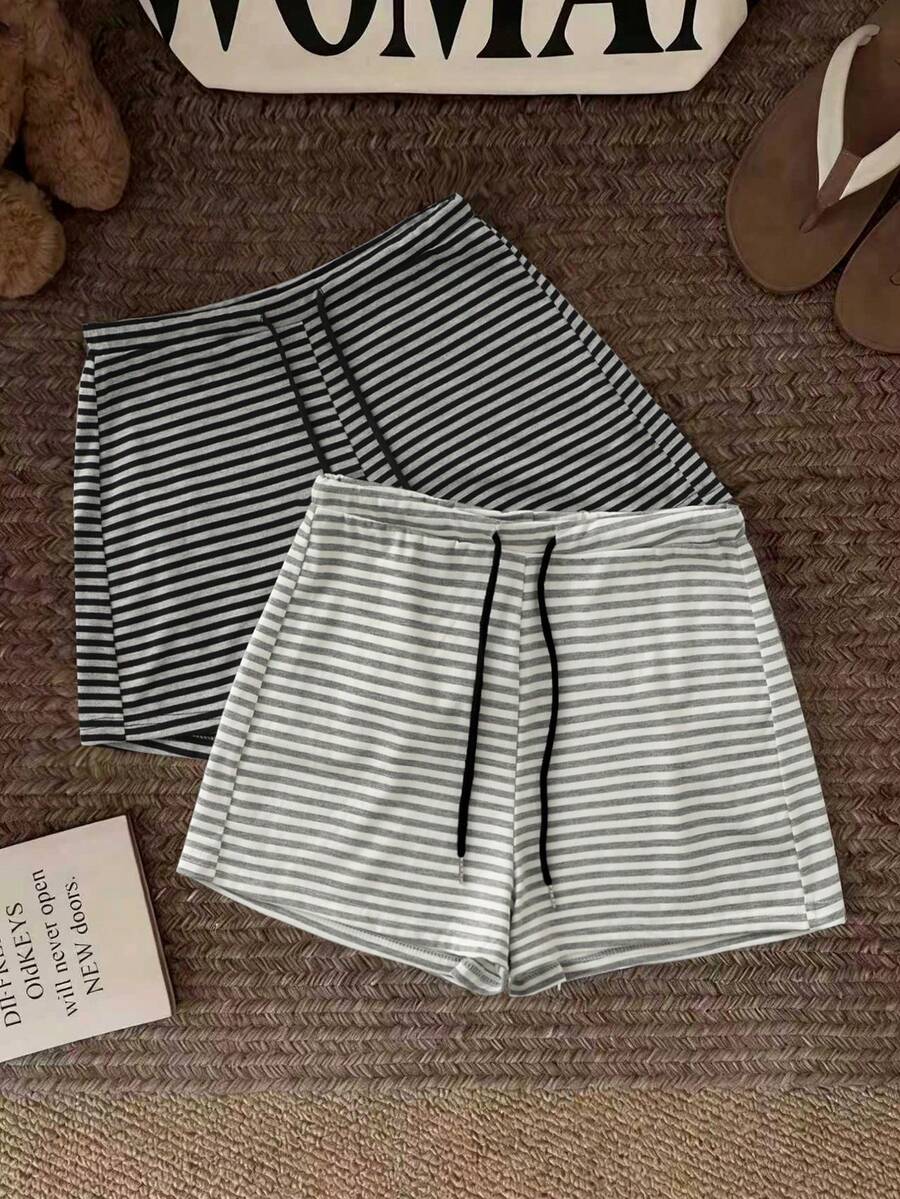 Resyla 2pcs/Set New Drawstring Striped Slimming Casual Shorts - Multicolor - View 1