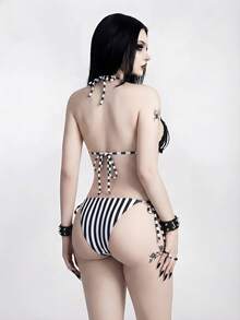ROMWE Bộ bikini ren kẻ sọc đen trắng phong cách Gothic 26SS, 2 mảnh, thích hợp cho kỳ nghỉ hè. - Đen và trắng - Xem 3