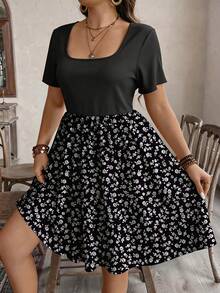 SHEIN LUNE Plus Size Summer Patchwork Ditsy Floral Dress, Suitable For Vacation Outfit - Multicolor - View 5