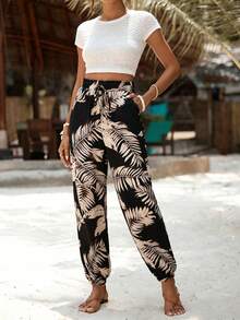 EMERY ROSE Plus Size Women Casual Tropical Print Paper Bag Waist Pants Fall - Multicolor - View 4