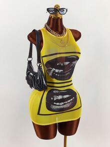 Amplova Face & Lip Print Sheer Bodycon Mini Dress,Summer Dresses For Women - Multicolor - View 4
