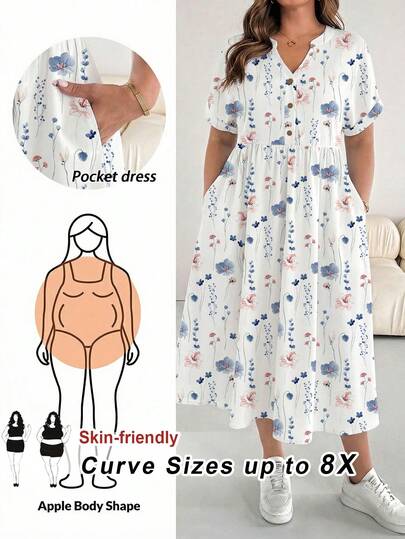 SHEIN CURVE+ Đầm ngắn tay in hoa lãng mạn, cỡ lớn, thích hợp cho kỳ nghỉ của nữ, màu trắng.