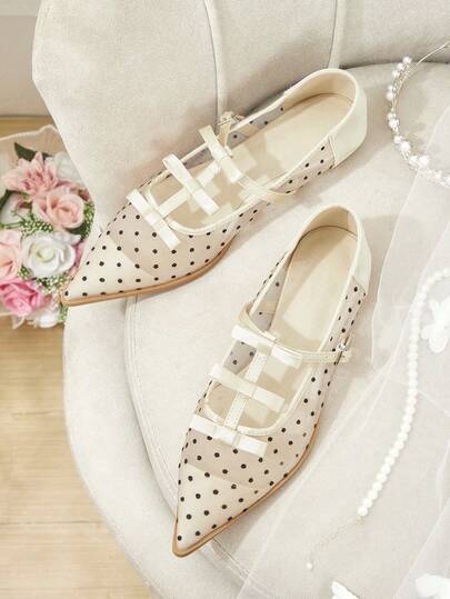 CUCCOO HITCHD Women Shoes Women's Vintage Polka Dot Mesh Pointed Bow Buckle Fairy Attendance Wear Flat Shoes