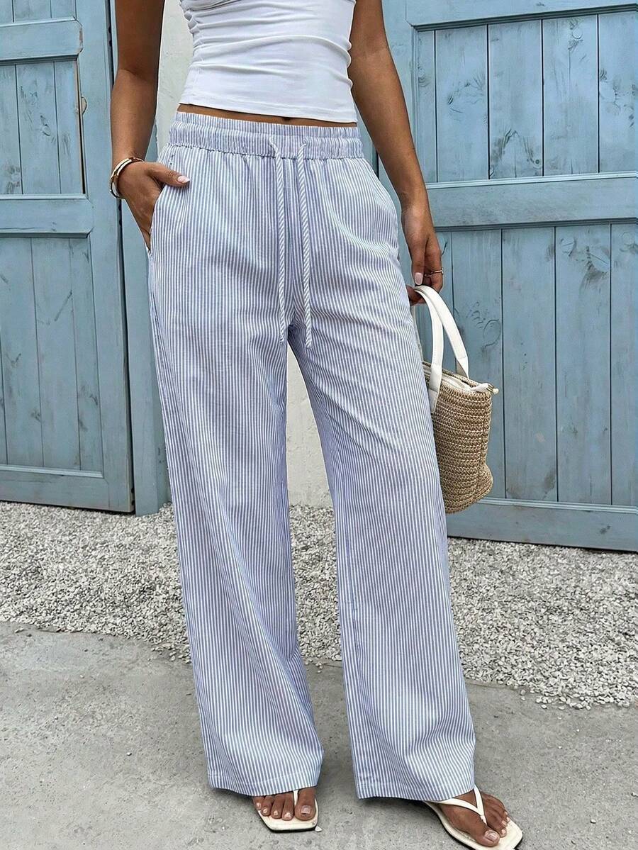SHEIN EZwear 休闲度假风蓝白条纹梭织阔腿裤，适合春夏度假穿着 - 藍白色 - 查看 1