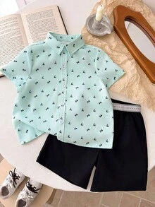 SHEIN 2 Stücke Jungen Minimalistische Silhouette Sommer Urlaubsstil Ozean Muster Kurzarm Hemd und Shorts Set, geeignet für den täglichen Gebrauch, Reisen, Outdoor, Urlaubsfeiern, Sommerurlaub am Strand, Frühling/Sommer - Grün - Übersicht 3