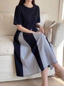 SHEIN 青少年女孩深藍色夏季休閒圓領短袖拼接條紋洋裝，寬鬆A字下擺晚餐派對度假洋裝 - 藍色 - 查看 5