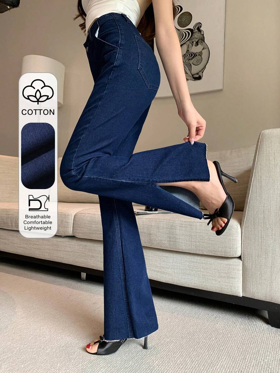 Livesso Women's Slim Fit Blue Cotton Solid Color Flare Jeans, Spring & Summer - Blue - View 1