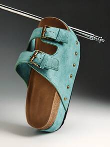 Solezae Chanclas con plataforma y doble hebilla, zapatos de verano, zapatos para la primavera, zapatos para vacaciones de primavera, Semana Santa, zapatos casuales, zapatos de playa, regalo del Día de la Madre - verde menta - Ver 8