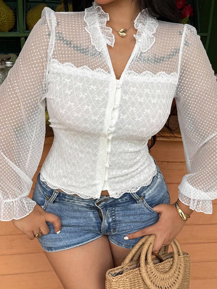 Dazy Plus Spring & Summer Hollow Lace Mesh Patchwork Elegant Slim Fit Blouse, Sheer Floral Trim Flare Sleeve Cardigan For Party, Wedding, Commute, Plus Size