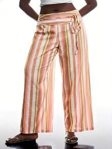 SHEIN EZwear 彩色条纹系带拼接加大码休闲裤，春夏款 - 橘色 - 查看 7