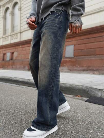 Artur Kramer 1件男士时尚宽松复古水洗阔腿休闲牛仔裤（不含腰带和配饰）