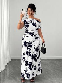 SHEIN Clasi Plus Size Women's Elegant Brown Floral Asymmetrical Shoulder Fishtail Hem Dress,Summer Curve Wedding Gym Guest Cocktail Bachelorette Party Outfits - Black and White - View 3