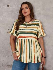 EMERY ROSE Blouse à manches courtes et volantées, col rond, rayures colorées, pour femmes grandes tailles, décontractée et idéale pour les vacances - Nude - Voir 5
