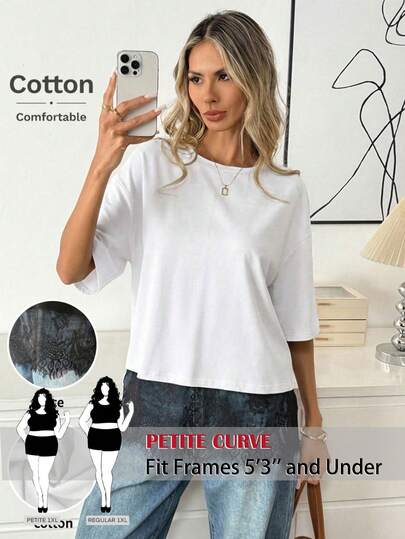 SHEIN PETITE CURVE Áo thun nữ cỡ lớn, màu trơn, tối giản, cổ tròn