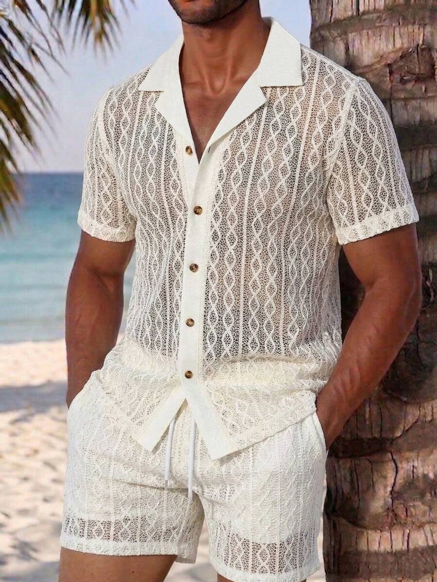 VENTUSAIL Ensemble chemise à manches courtes et short en tricot unicolore ajouré jacquard décontracté pour vacances pour hommes - Beige - Voir 1