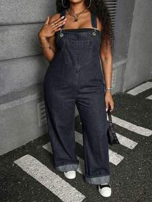 Dripcurv 大码牛仔连体裤，性感修身背带裤，蓝色 - 藍色 - 查看 2